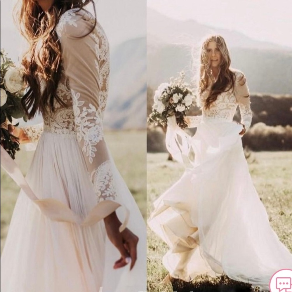 JUNE BRIDALS Gown 8 Bohemian Lace Long Sleeve Wedding Dress A Line Chiffon
